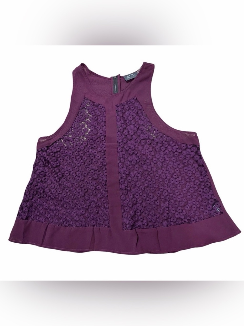 ASTR The Label Plum Floral Lace Sleeveless Blouse Sheer Overlay Large